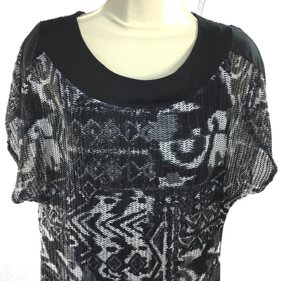 Suzie in the City XL Abstract Print Top Blouse Open Knit Mesh Lined Black White - Picture 5 of 9